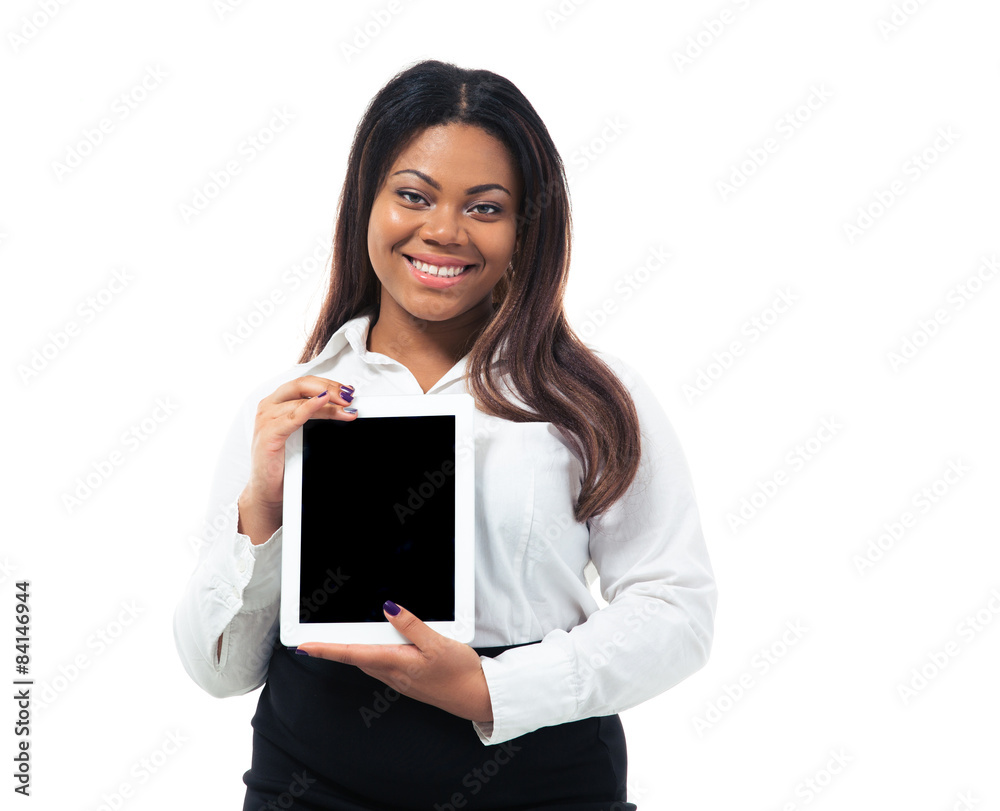 Smiling businesswoman showing tablet computer screen Smiling businesswoman showing tablet computer screen