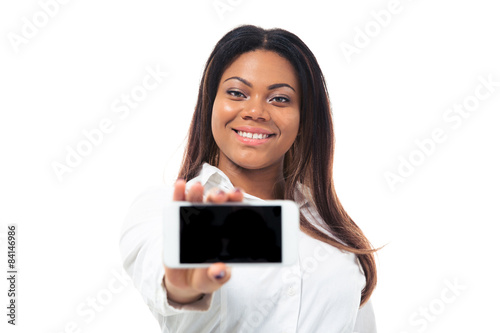 African businesswoman showing smartphone screen