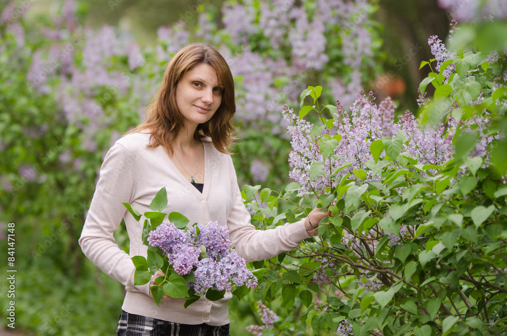 young girl breaks lilac flowers young girl breaks lilac flowers