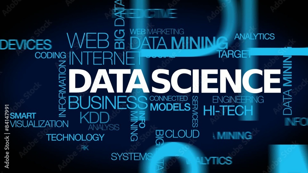 Data science words tag cloud blue text animation