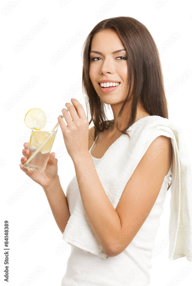 Smiling brunette woman drinking lemon fresh, on white Smiling brunette woman drinking lemon fresh, on white