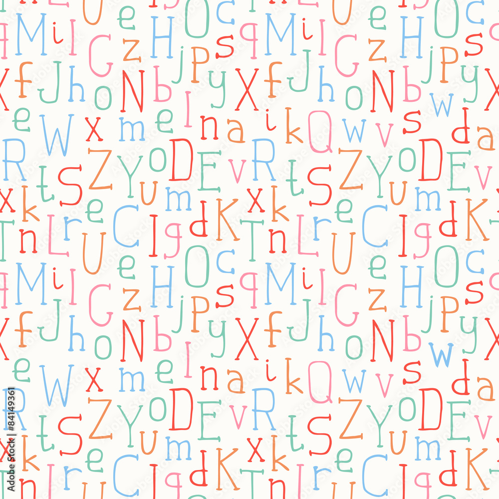 Vector seamless pattern of colorful hand drawn font. Beautiful