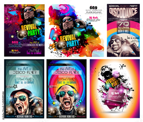 Club Disco Flyer Set with DJ shape and Colorful backgrounds photo