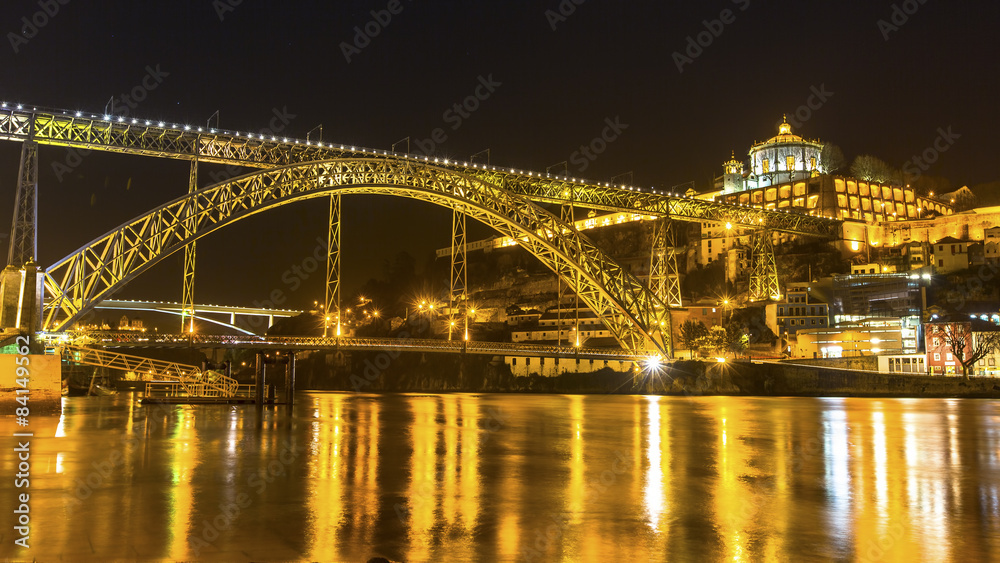 Dom Luis I Bridge at night time in Old Porto, Portugal.