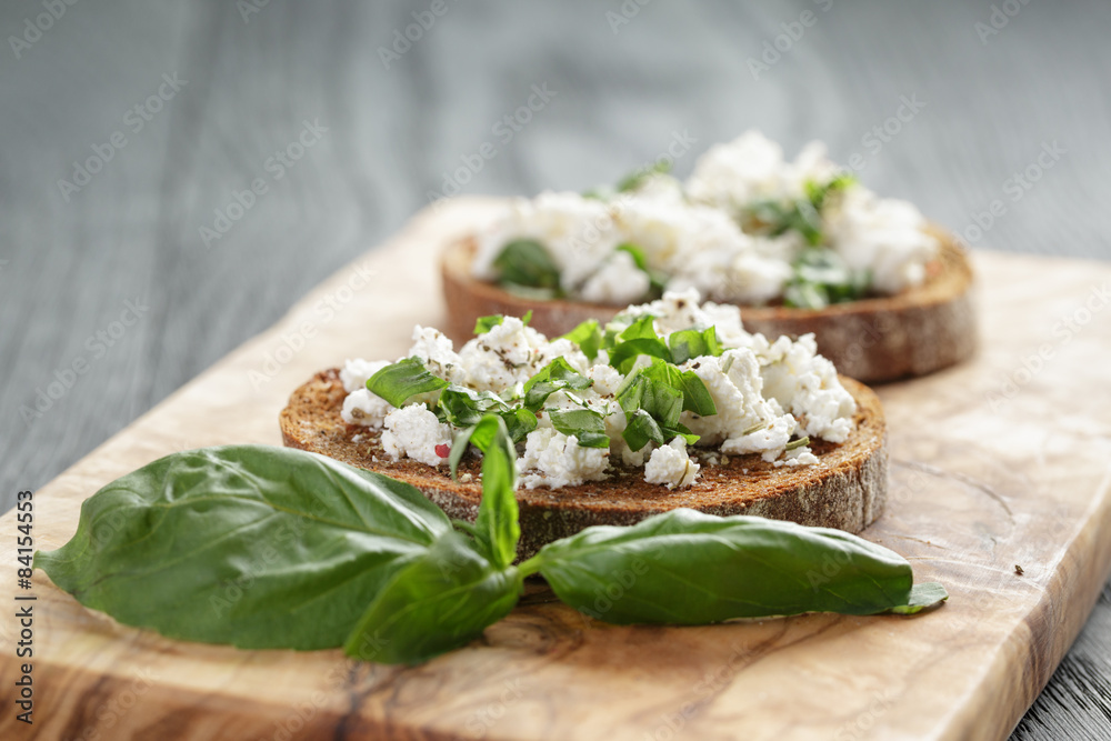 rye sandwich or bruschetta with ricotta, herbs and basil rye sandwich or bruschetta with ricotta, herbs and basil