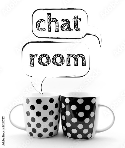 Coffee mugs with speech bubbles Chat room isolated on white photo