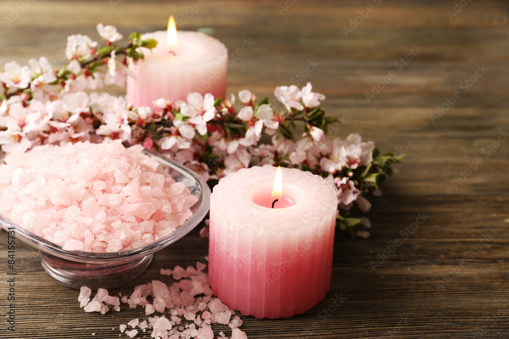 Spa still life with flowering branches on wooden background Spa still life with flowering branches on wooden background