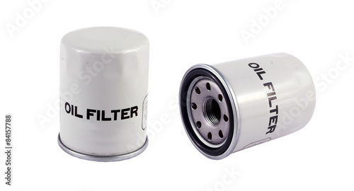 New oil filter car in red steel case. Isolate on white.