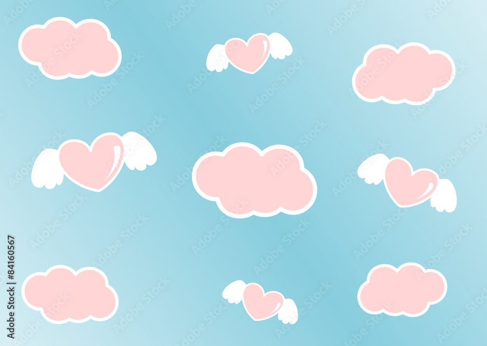 cartoon sky with pink clouds and hearts with angel wings