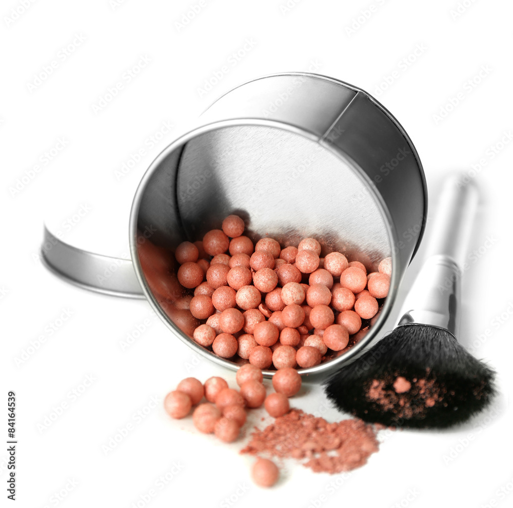 Jar with cosmetic powder balls and makeup brush, isolated on white Jar with cosmetic powder balls and makeup brush, isolated on white