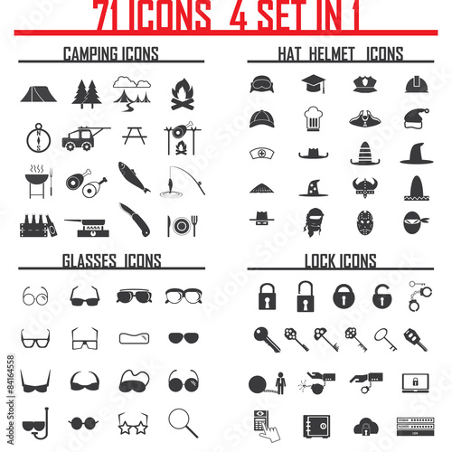 71 icons 4 set in 1, camping, helmets, glasses, lock and key ico