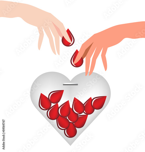 Hand donate blood drop put in heart glass
