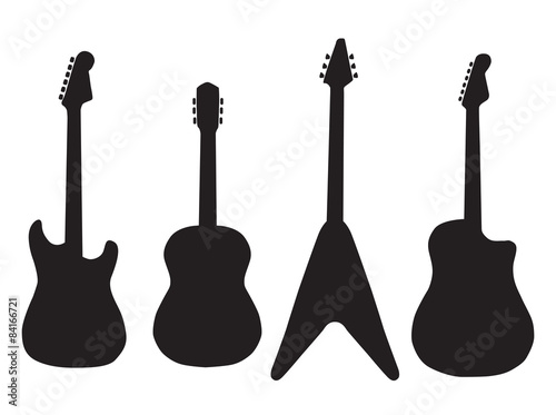 set of acoustic guitars and electric guitars. 