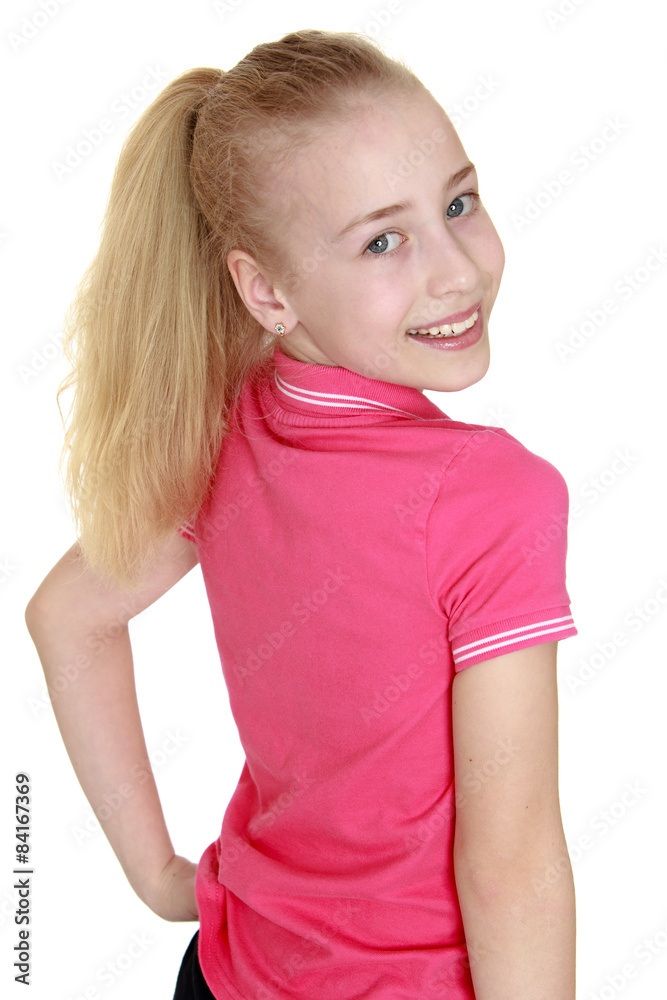 Close-up of beautiful blonde girl looking at the camera over his Close-up of beautiful blonde girl looking at the camera over his