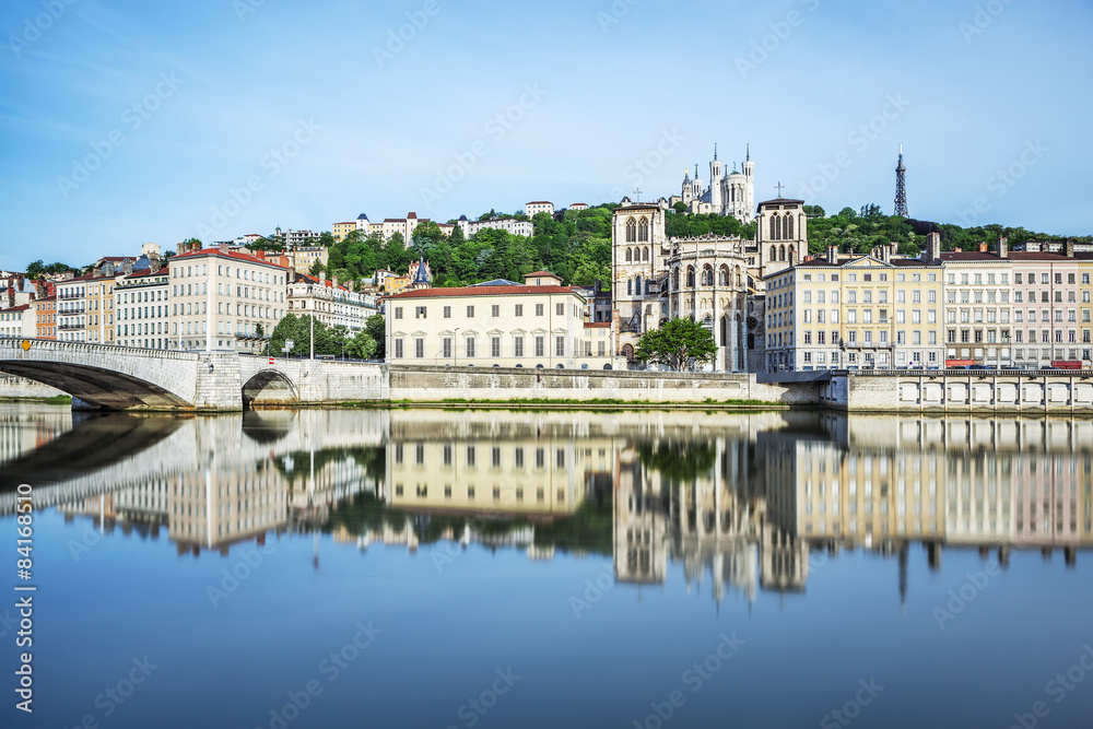 Soane river view with cathedrals Saint-Georges and Fourviere in