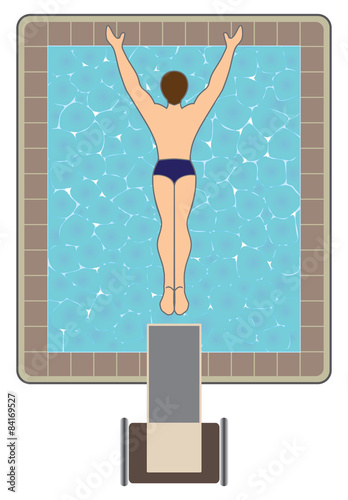Birds eye view of man diving off of platform into swimming pool