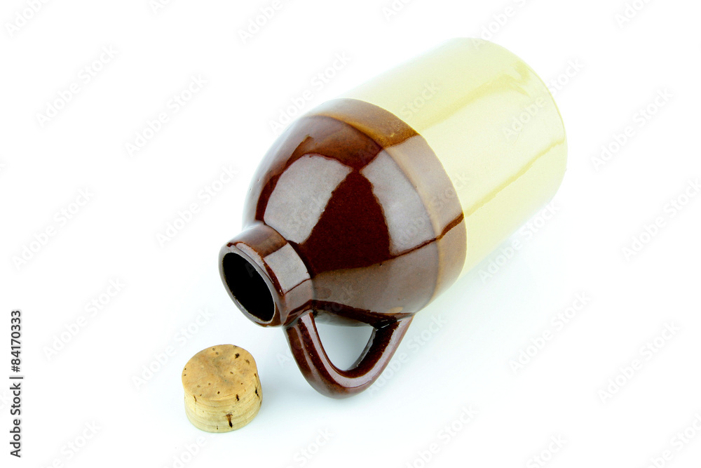 custom made wallpaper toronto digitalOld clay jug with a cork used to hold booze, with a filled glass next to it.