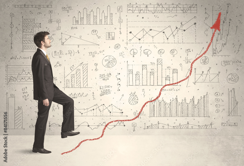 Business man climbing on red graph arrow concept Business man climbing on red graph arrow concept