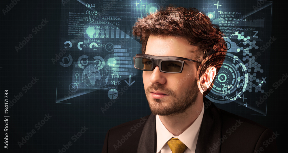 Young man looking with futuristic smart high tech glasses Young man looking with futuristic smart high tech glasses