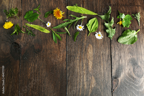 Fototapeta Naklejka Na Ścianę i Meble -  Various medicinal plants on wooden background