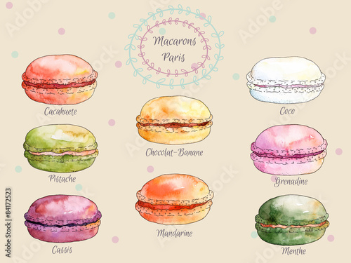 Set of watercolor french macaroons 