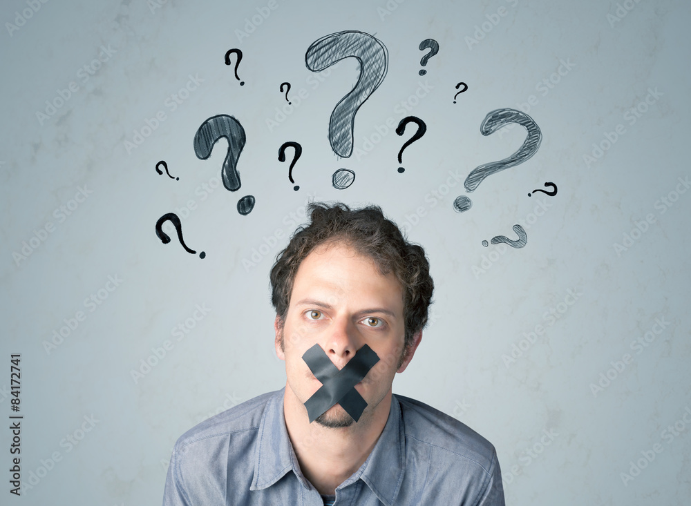 Young man with glued mouth and question mark symbols Young man with glued mouth and question mark symbols