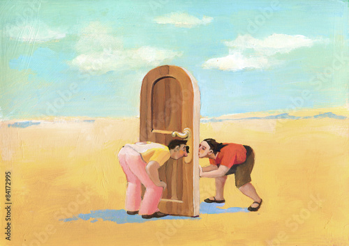 door surreal illustration allegory of relationship and curiosity photo