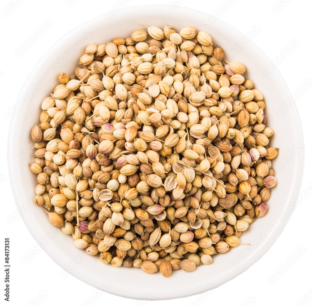 Coriander seeds in white bowl over white background 