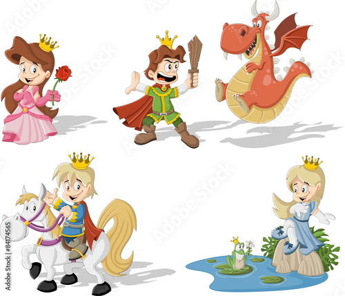 Cartoon princesses and princes with dragon and frog photo