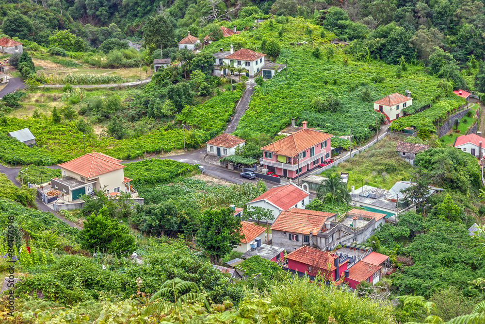 Village in Madeira island. Rural houses panoramic view, Portugal
