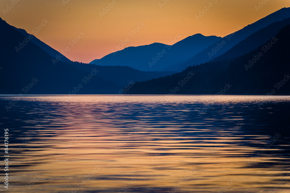 Distant mountains and Lake Crescent at sunset, in Olympic Nation