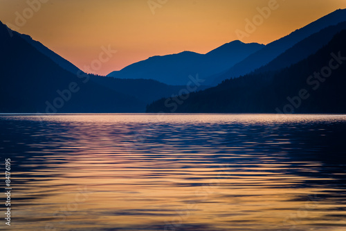 Distant mountains and Lake Crescent at sunset  in Olympic Nation
