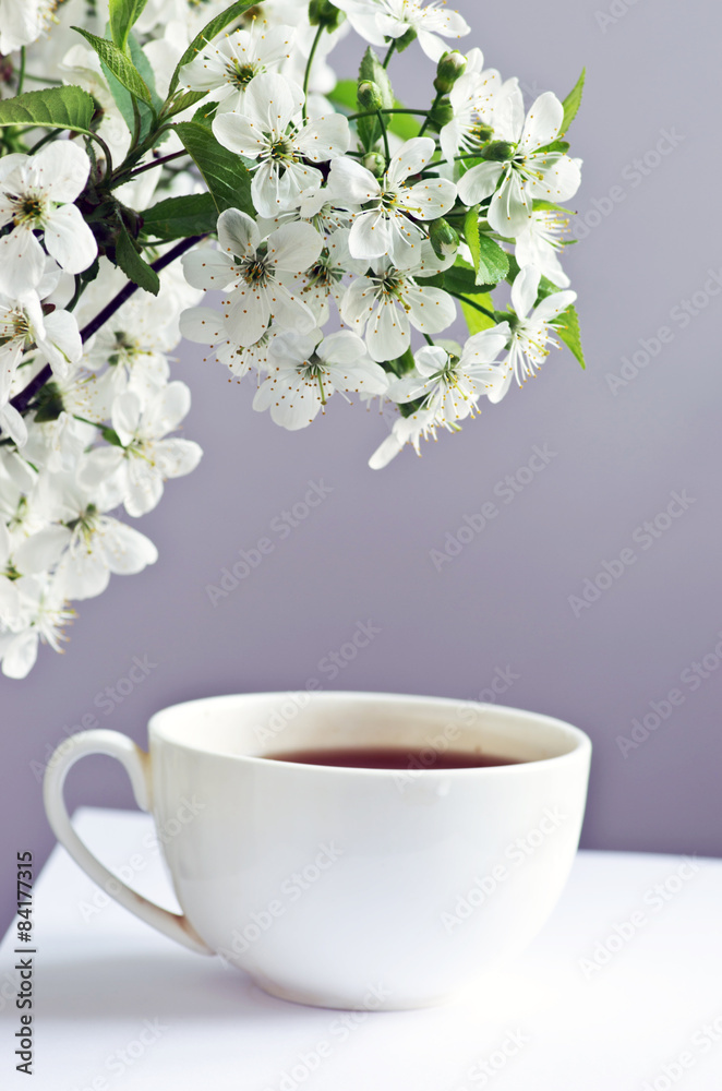 tea with cherry flowers and branches on white table, top view tea with cherry flowers and branches on white table, top view
