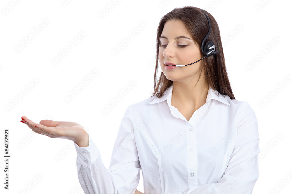 Support phone operator in headset showing copyspace area Support phone operator in headset showing copyspace area