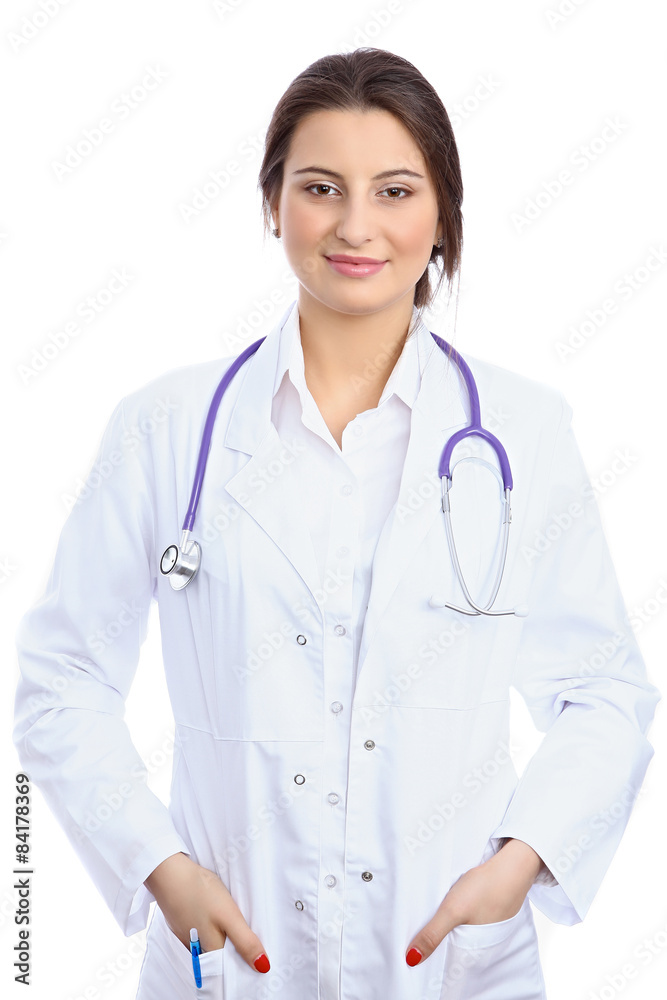 Friendly smiling female doctor, isolated over white background Friendly smiling female doctor, isolated over white background