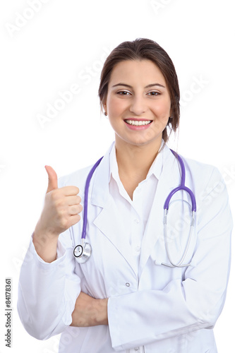 Friendly smiling female doctor  isolated over white background
