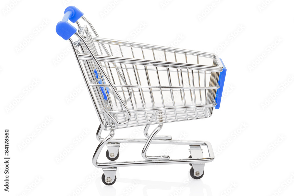 Blue shopping supermarket cart isolated on white, clipping path