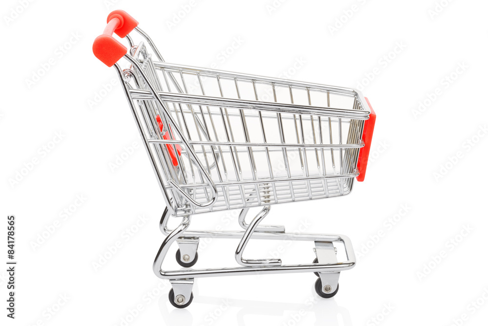 Red shopping supermarket cart on white, clipping path