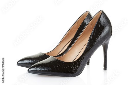 High heel black crocodile shoes pair on white, clipping path