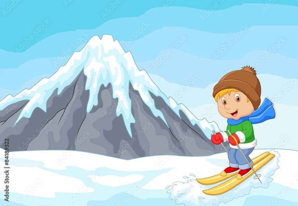 Cartoon alpine skier races extreme hill with iceberg