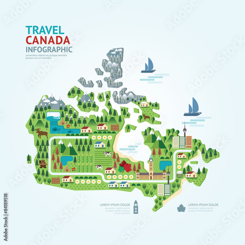 Infographic travel and landmark canada map shape template design