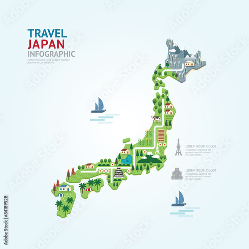 Infographic travel and landmark japan map shape template design.