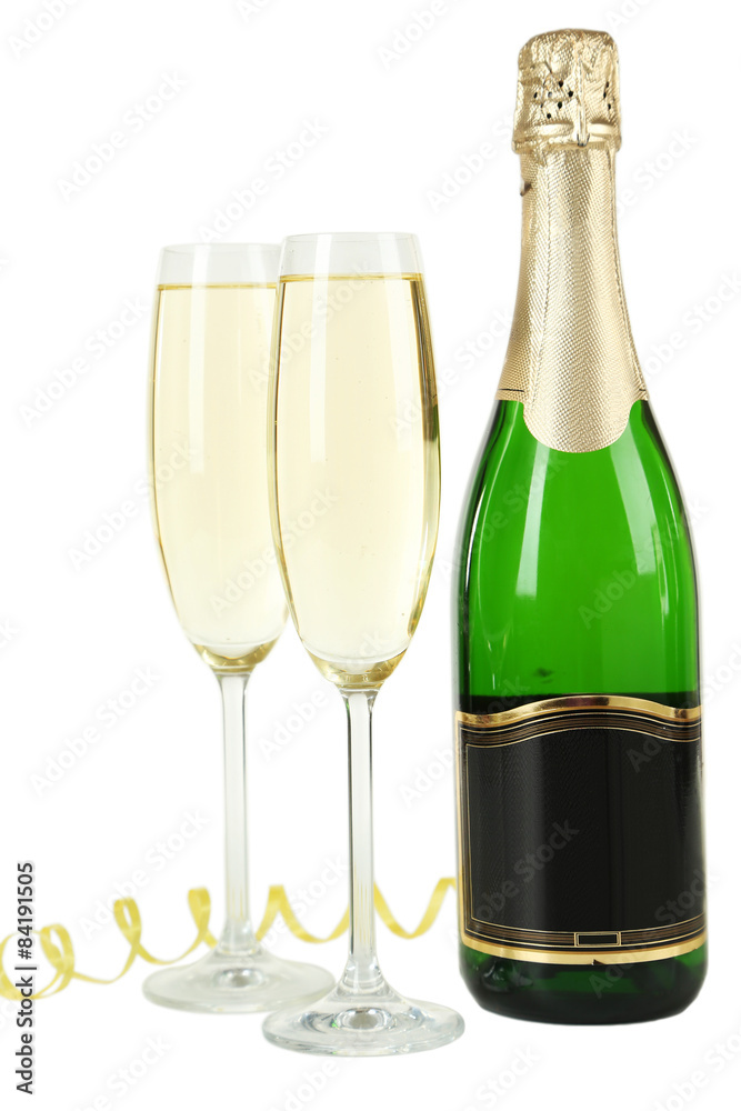 Glasses of champagne with bottle on a white background