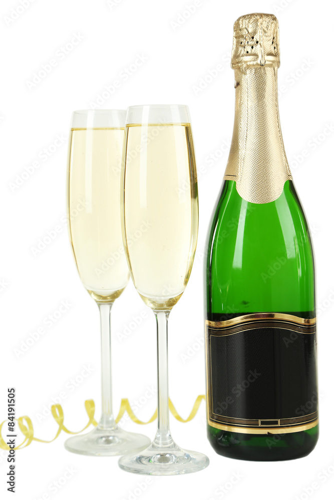 Glasses of champagne with bottle on a white background Glasses of champagne with bottle on a white background