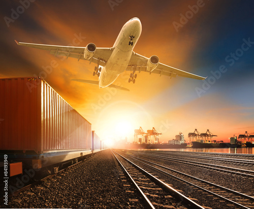 industry container trainst running on railways track plane cargo