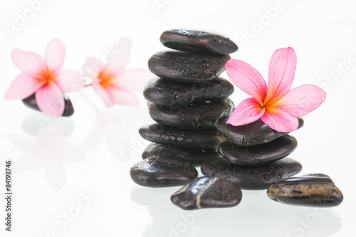 Plumeria flowers and black stones close-up