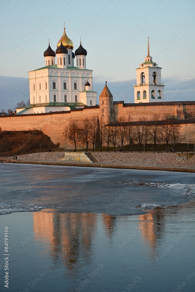 Pskov Krom at hte sunset. Old Russian architecture.