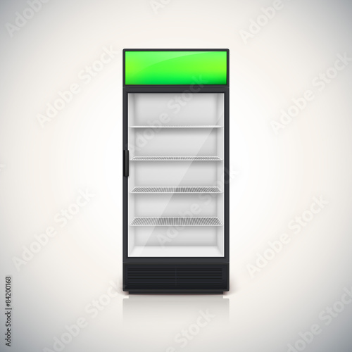 Fridge with glass door.