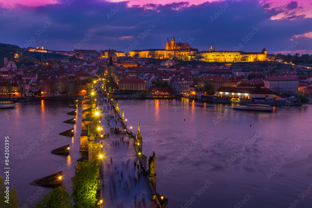 Charles Bridge, Prague Castle, Vltava river in Prague at sunset