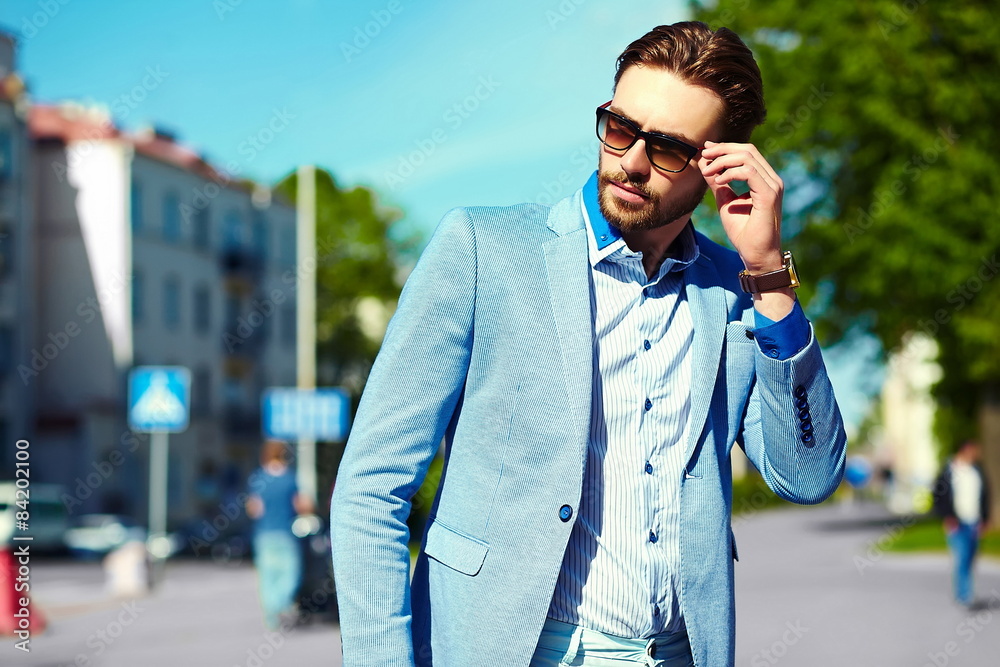 handsome stylish man in casual suit hipster cloth in the street handsome stylish man in casual suit hipster cloth in the street